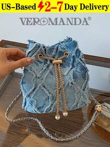 New Fashion Classic All-Match Solid Color Diamond Lattice Raw Edge Metal Drawstring Opening And Closing Design Shoulder Bucket Bag, Elegant Women's Wallet, Drawstring Fringe Shoulder Bag, Denim Bucket Bag, Women's Pearl-Embellished Drawstring Chain Crossbody Bag, Luxury Women's Crossbody Bag, Fashionable Denim Single-Shoulder Tote With Chain Strap And Diamond-Patterned Linen Trim, Wearable Crossbody Or Underarm Carry, Multi-Pocket Design, Oversized Relaxed Hobo Bag With Adjustable Strap, Pearl Rhinestone Bucket Bag, Elegant Evening Clutch, Travel Tote, Niche-Design Commuter Handbag, Distressed Fringe Shoulder Bag, Quilted Distressed Fringe Cylindrical Tote, Drawstring Tote Casual Women's Bag. Perfect For Shopping, Commuting, Parties, And Gatherings. Christmas, Thanksgiving, Cyber Monday Holiday Gifts. Velvet Party Bags For New Year's, Winter, And Snow Season. Year-End Promotions. Warm, Plush, Fur-Lined Styles.End-Of-Year Stocking Stuffers Christmas Gifts - Blue - View 12