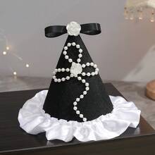 1 Set Handmade Black Elegant Birthday Hat With Pearl, Rose, Bow Lace Trim, Party Costume Photo Prop For Adults - Black - View 9