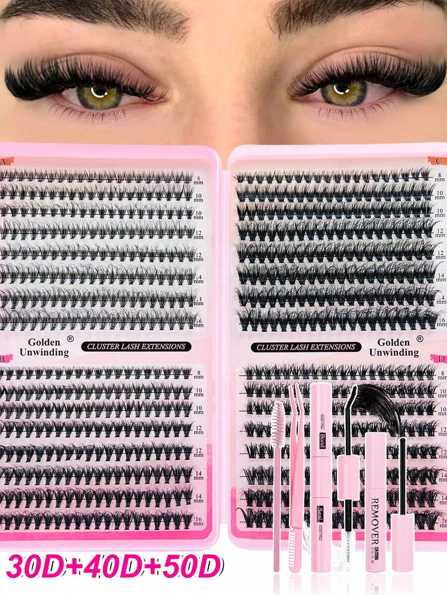 Golden Unwinding 640pcs 30D/40D/50D Fluffy C-Curl 8-16mm Mixed DIY Eyelash Extension Kit, Includes DIY Lower Lashes, Lash Palette, Soft Cluster Lashes, Create Voluminous Natural Y2K Butterfly Makeup Effect, Easy DIY Lashes At Home, Kit Contains DIY Lash Glue, DIY Remover, DIY Lash Tweezers (Lower Lash+30D+40D+50D*2), Lash Cluster Set, Eyelashes, False Lashes - Black - View 1