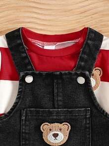 Baby Boy Casual Fashion Pocket Decor Bib Overall Pants And Multicolor Striped Print Short Sleeve Top Set, Spring/Summer - Multicolor - View 5