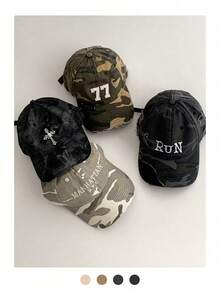 复古骷髅十字做旧迷彩棒球帽，软帽冠朋克嘻哈长檐棒球帽，男女通用复古美式字母街头风休闲帽，四季皆宜 - 彩色 - 查看 2