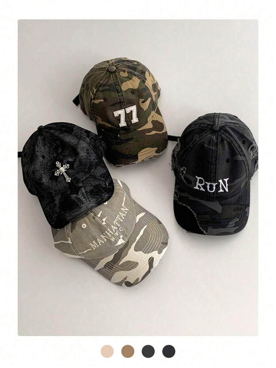 复古骷髅十字做旧迷彩棒球帽，软帽冠朋克嘻哈长檐棒球帽，男女通用复古美式字母街头风休闲帽，四季皆宜