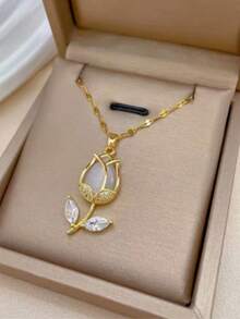 1pc Fashionable Tulip Necklace For Women, Luxury Minimalist Unique Design, High-Quality Elegant Versatile Choker Necklace - Gold - View 4