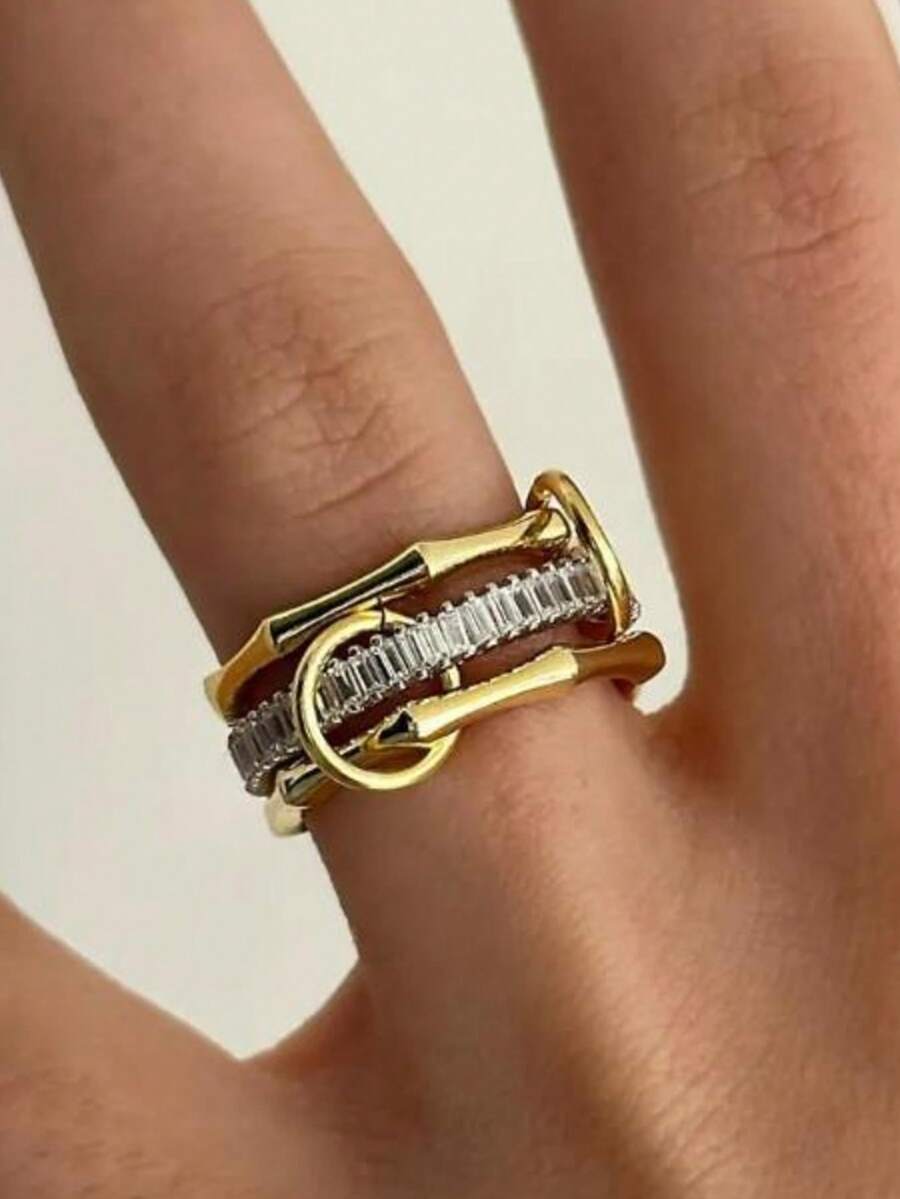 rundraw 3pcs New Elegant Geometric Bamboo Knot Design Zirconia Inlaid Adjustable Copper Gold Rings, Suitable For Women's Daily, Dating, Party, Anniversary, Matching Daily Outfit Accessories, Best Gift For Friends And Lovers On Holidays And Anniversaries - Set Of Rings - View 1
