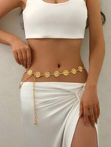 1pc Minimalist Gold Boho Style Sunflower & Smiling Face Waist Chain, Suitable For Weddings, Banquets, Parties - Gold - View 5