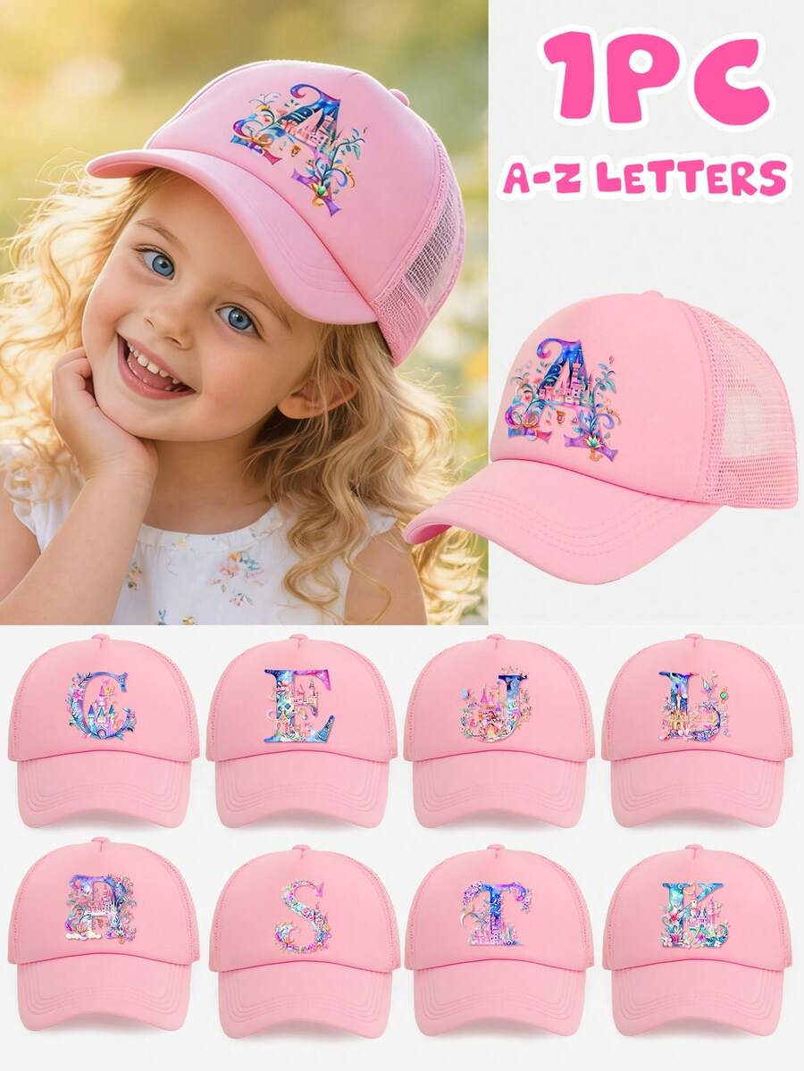 1顶女童粉色花卉城堡装饰字母图案卡车帽，26个字母个性化设计，时尚甜美可爱，透气镂空遮阳棒球帽，适合作为3-8岁女孩的生日/节日礼物，春夏日常、上学、户外活动皆宜。 - 粉色 - 查看 1