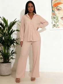 Women's Fashion Sequin Casual 2-Piece Set, Including Front Button Long Sleeve Shirt And High Waist Drawstring Straight Pants, Autumn Spring - Apricot - View 7