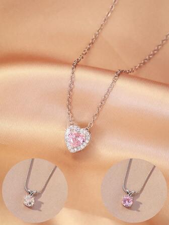 1 pieza de collar con colgante de corazón rosa con circonita cúbica de colores, elegante y lindo para mujer, cadena de clavícula, regalo perfecto para la novia, adecuado para fiestas y uso diario