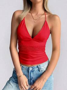 Áo hai dây hở lưng phối ren kiểu Y2K gợi cảm dành cho nữ của GAOVOT, áo croptop ôm sát mùa hè phù hợp cho việc đi lại hàng ngày. - Đỏ - Xem 5