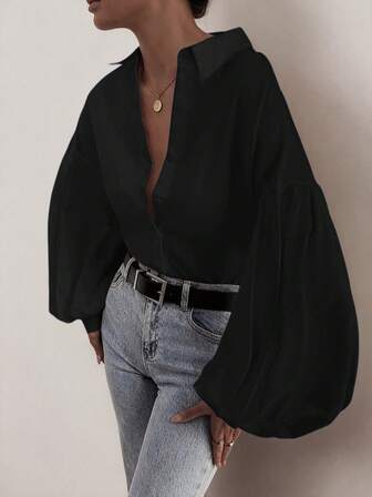 ELVA Women's French Elegant Drop Shoulder Long Sleeve Single-Breasted Loose Casual Spring/Summer Back To School Shirt