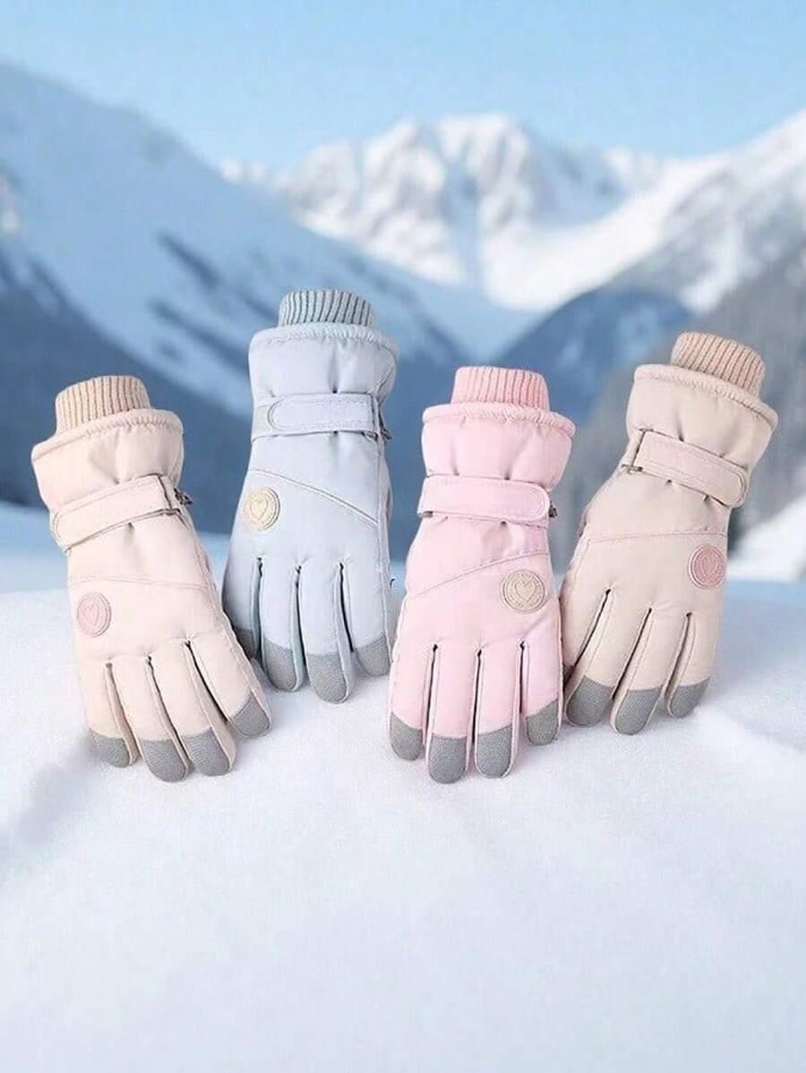 1 Pair Women's Professional Ski Gloves - Thickened Fleece Windproof Cold-Proof Outdoor Skiing Warm Gloves, Cycling Cold-Proof Gloves, Non-Slip Palm, Compatible With Touchscreen Devices - Multicolor - View 1