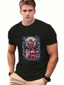 Camiseta de Hombre con Estampado Artístico del Equipo Power Rangers y Megazord, Diseño Vibrante y Colorido para Fanáticos de Todas las Edades - Negro - Ver 2