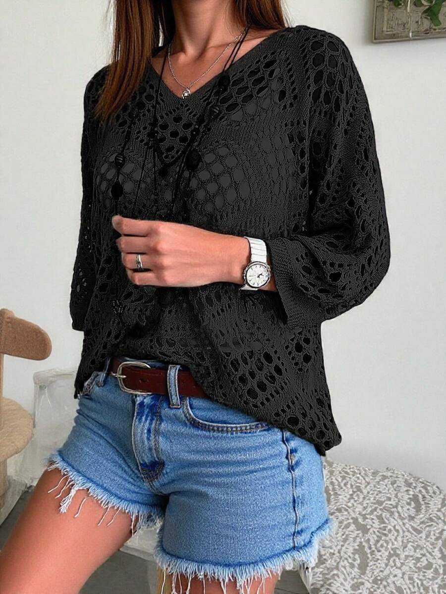 Plus Size Summer Vacation Loose Openwork Pullover Knit Sweater - Black - View 1