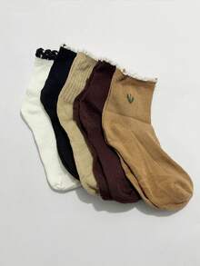 5 perechi de șosete pentru femei, în stil japonez, cu dantelă, în culori solide, model floral cu lalele, versatile pentru toamnă/iarnă, potrivite pentru asortarea zilnică a modei - Multicolor - Vizualizare 4