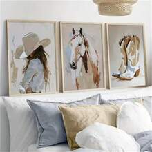3 PCS Optinal Framed Posters Wall Arts Western Cowgirl & Horse Canvas Art Prints Modern Wall Decor For Living Room, Bedroom, Office - Charming Cowboy