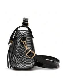 女士时尚漆皮鳄鱼纹手提包 [M]，可调节宽肩带，轻便单肩包，适合日常通勤、旅行、购物等多种场合。 - 黑色 - 查看 6