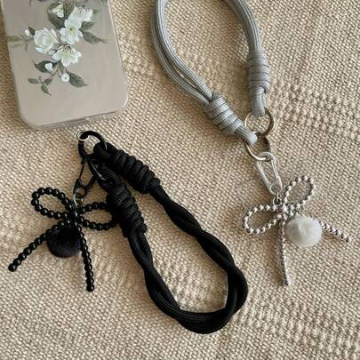 1个/2个亚克力蝴蝶结毛球吊坠手机挂绳腕带，可爱手机挂饰带，带绳，可拆卸手机支架，适用于通用手机壳DIY，男女通用