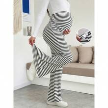 Maternity High Waist Gray & White Striped Elastic Knit Wide Leg Pants, High Waist Belly Support Design, Comfortable & Breathable, Suitable For Casual & Work Wear Spring - Grey - View 11