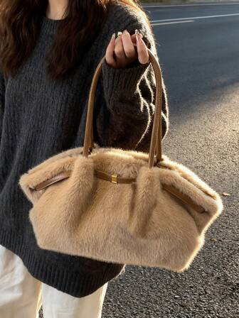 New Autumn/Winter Fuzzy Leather Vintage High-End Fabric Women's Fashion Shoulder Bag, Crossbody Handbag, Multi-Functional Special Edition, Elegant, Spacious, Durable, Lightweight, Versatile Tote Bag For Work, Travel, Business