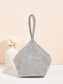 Bolso cubo de negocios casual ligero con decoración de rhinestones, diseño de cordón, embrague transparente con perlas de imitación, bolso de fiesta, encantador, elegante, bolso de rhinestones discretamente lujoso, adecuado para chicas de fiesta, damas, novias, perfecto para fiestas, galas/banquetes, vestidos de fiesta de Navidad, bolso encantador de rhinestones - Plateado - Ver 5