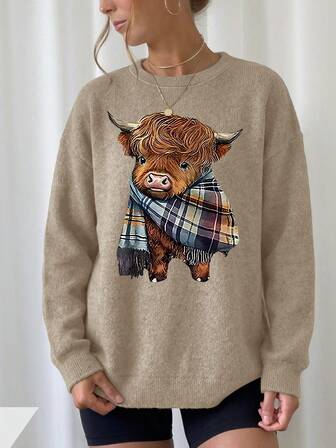 Plus-Size Women's Cute Cow Print Faux Wool Pullover Sweater, Round Neck, Long Sleeves. Casual, Comfortable, And Versatile Style. Plus-Size Top, Fashionable And Elegant Autumn/Winter Women's Wear. The Perfect Choice For Cow Lovers. Suitable For Commuting, Shopping, Everyday Casual Wear, Family Gatherings, And Travel.