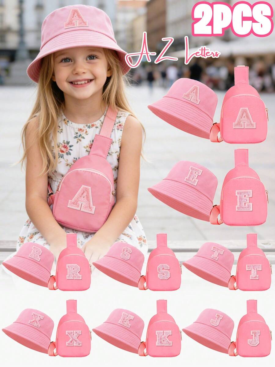 2pcs/Set Girls' Pink Sequin Letter Graphic Bucket Hat Set, Stylish & Sun Hat, Compact & Versatile For Spring/Summer Outdoor Activities, Suitable As Practical Gift For Kids & Friends - Pink - View 1
