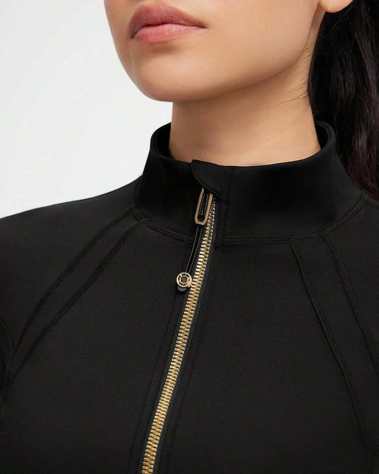 Chaquetas deportivas cortas con cremallera completa doradas para mujer, ligeras y atléticas para yoga - Negro - Añade 4