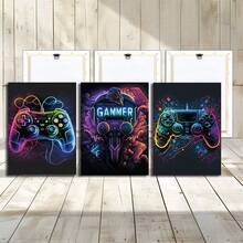 3件套 Now Art 电子游戏涂鸦油画帆布墙面艺术装饰画，彩色霓虹游戏手柄帆布装饰画，奇幻耳机电竞游戏墙面客厅艺术画（无框/有框） - 彩色 - 查看 16