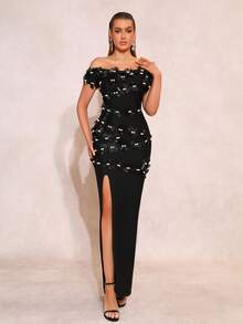 New Heavy Industry Women's Sexy Pink Off Shoulder Sleeves Single Neck Luxury Pearl 3D Flower Decoration Wedding Bridesmaid Dress Tight Wrapped Long Dress Women's Formal Banquet Party Dress - Black - View 4