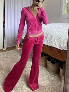 Women's 2 Piece Outfit Velour Zip Up Crop Jacket And Bell Bottoms Long Pants With Pockets Tracksuit Set - quần hồng - Xem 6