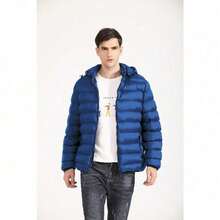 Lightweight Men's Puffer Jacket – Hooded Cotton-Padded Zipper Coat For Winter Cold Weather, Comfortable Travel Outerwear & Christmas Gift Option - 藍色 - 查看 2
