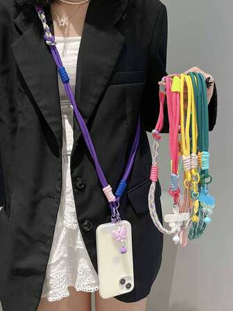 1pc Butterfly Bell Charm Dopamine Colorblock Nylon Braided Lanyard, Versatile Crossbody Strap For Phone Cases, Durable Outdoor Functional Phone Lanyard