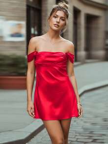 Women Mini Dress Sleeveless Off-Shoulder Dress Pleated Solid Summer Cocktail Dress - Red - View 2
