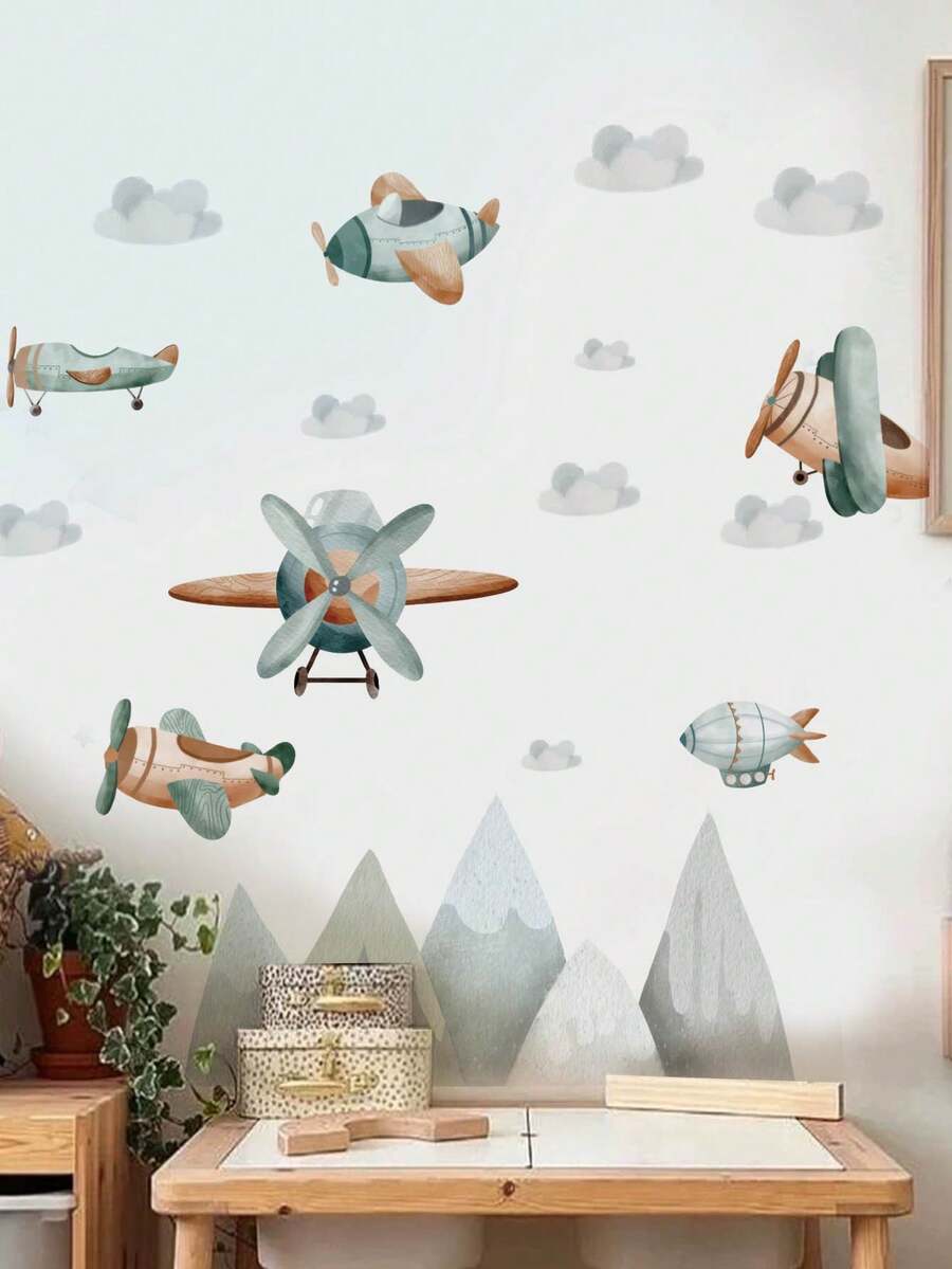 1pc Cartoon Airplane, Spacecraft, Mountain Peak Wall Decal Sticker, Removable Room Decor For Bedroom, Living Room, Kids Room - Light Grey - View 1