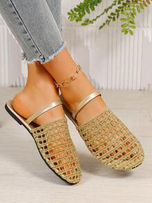女士轻便编织网面平底凉鞋，露趾踝带沙滩度假休闲拖鞋 - 鎏金色 - 查看 7