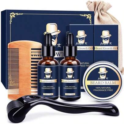 Jurgen K Beard Growth Kit For Men With Beard Growth Oil (2 Packs), Balm, Comb, Beard Massager For Patchy/Spot Facial Hair, Beard Kit For Men'S Daily Grooming, Birthday Gifts For Him Boyfriend Husband