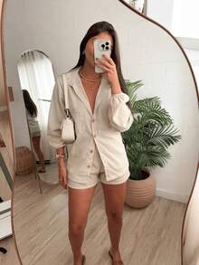 Women's Linen Long-Sleeved Set - Shorts And Shirt - 裸體 - 查看 2