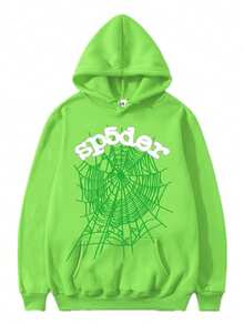 2026 New Women's Sp5der Spider Web Foam Print Hoodie, 1 Pcs | 400g 100% Acrylic Wool-Like Fabric Oversized Loose-Fit Hooded Sweatshirt - Streetwear Style With 3D Raised Graphic - Green - View 9