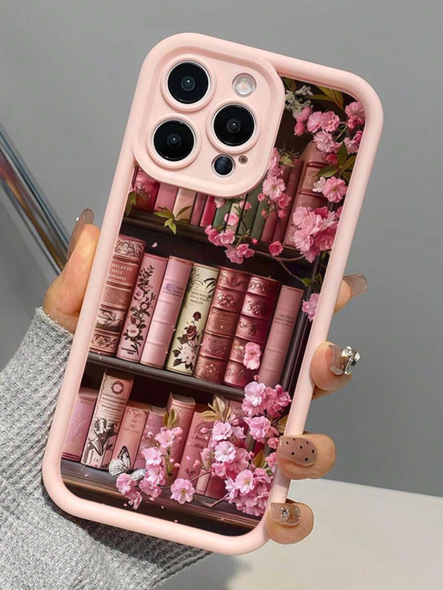 1pc Pink Sakura Bookshelf Design Soft TPU Shockproof Phone Case, Compatible With IPhone 17, 16, 15, 14, 13, 12, 11 Pro Max, Air, And Series,International Version, Not The Domestic Version - Multicolor - View 1