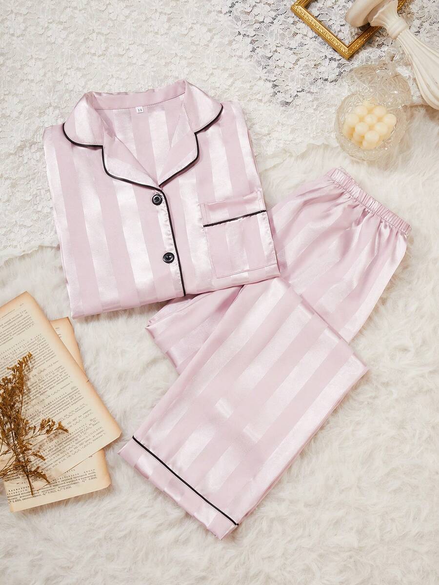 2PCS Teen Girl Satin Pajama Sets Pj Set Cute Bear Print Long Sleeve Button Down Shirt With Long Pants