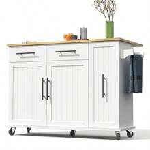 Kitchen Island Table With Fallen Leaves, Three-Tier Storage Basket, Internal Storage Shelf, Rolling Basket With Towel Rack And 2 Drawers, For Restaurant - White - View 9