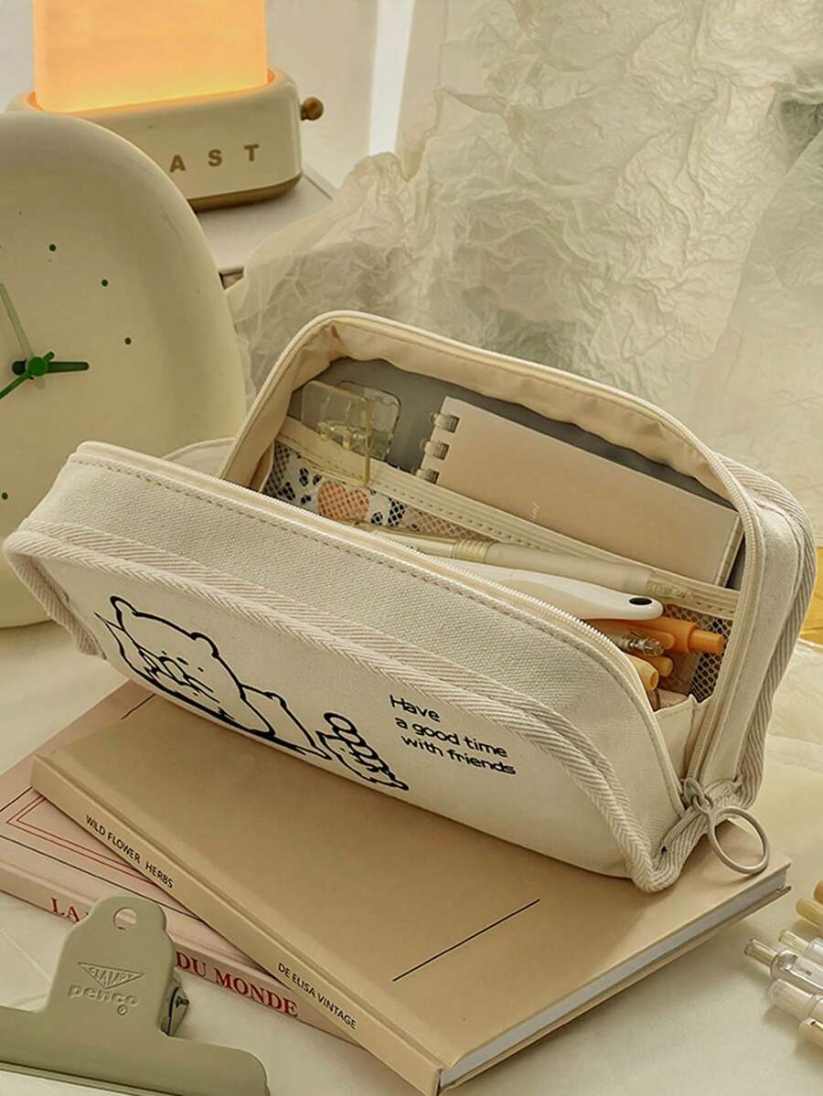 1 pieza Estuche de lápices de lona con diseño de oso lindo, caja de lápices con cremallera, bolsa de almacenamiento de gran capacidad, organizador de papelería, útiles escolares