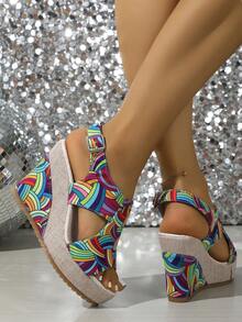 Dép xăng đan nữ đế xuồng dày in họa tiết cầu vồng kiểu Bohemian hở mũi, tăng chiều cao, chống trơn trượt, mẫu mới xuân hè 2025, dép lê đa năng ngoài trời, giày thời trang gợi cảm, dép đi biển phối màu, dép thoải mái hở mũi in họa tiết tăng chiều cao cho người thấp bé, giày dự tiệc, lễ hội. - Màu xanh hải quân - Xem 6