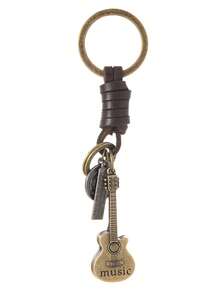 1pc Stylish Retro Guitar-Shaped Leather Keychain, Woven Leather Keychain For Men And Women, Backpack Charm, Souvenir Gift, New Year's Gift. - Bronze - View 5