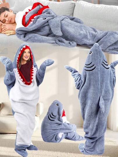1pc Shark Hooded Blanket, Soft Flannel Shark Sleeping Bag Blanket, New Cartoon Animal Cute Fun Sleepwear, Adult Size, Animal Pajamas, Christmas Party Pajamas, Wearable Shark Blanket Hoodie, Ultra Soft & Comfortable Shark Costume