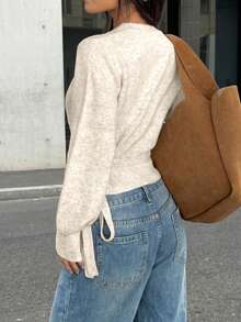 2025 Autumn/Winter Wrap Tie Knit Sweater, White, Women's Essential For Home, Commute, Date, Travel, Suitable For Various Occasions, Light Gray