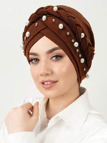 1pc New Milk Silk Solid Color Single Braid Cap With White Pearl, Muslim Turban Hat, Versatile For Daily Wear For Abayas Muslim Women - Multicolor - View 9