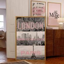 1pc Frameless London New York Paris Pink Cityscape Art Print Vintage Travel Poster Girly Wall Decor Fashion Aesthetic Canvas For Bedroom Dorm Living Room Office Party Decoration Best Gift Choice, Birthday Gift, Funkyposters - Multicolor - View 4