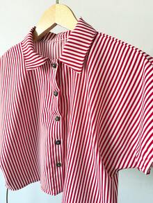 ELLIE Casual Striped Printed Loose Cropped Shirt - 紅色條紋 - 查看 3