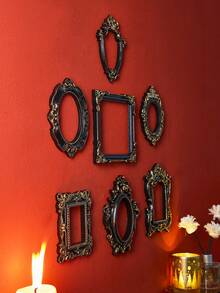 1pc European Style Resin 3D Floral Pattern Black Gold Edged Decorative Photo Frame, DIY Wall Decor, Multiple Styles Available, Suitable For Photography Props, Miniature House Decor, Holiday Atmosphere Decoration - Black - View 7